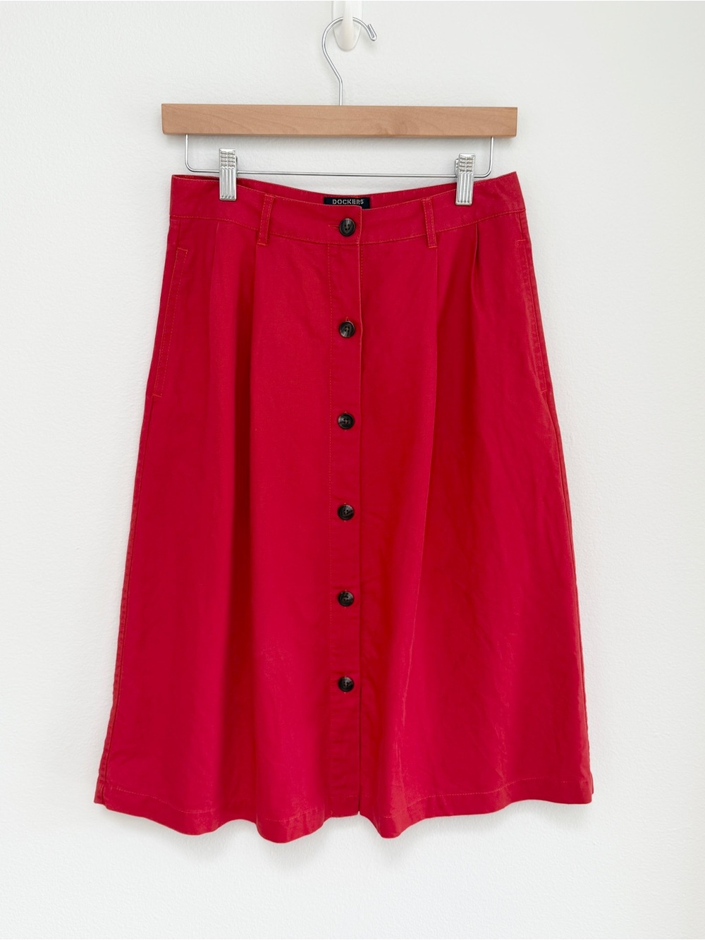 Vintage 80s Dockers Red Cotton Button-Front A-Line Skirt